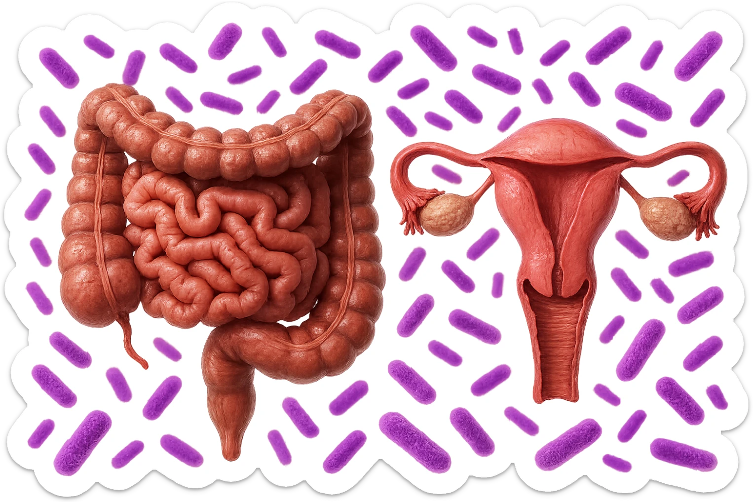 intestino umano anatomico realistico accanto ad un utero umano anatomico realistico, dietro i due organi fluttuano batteri intestinali con questo colore: #971ef1, iperrealistico 4k
isolata su sfondo bianco sticker