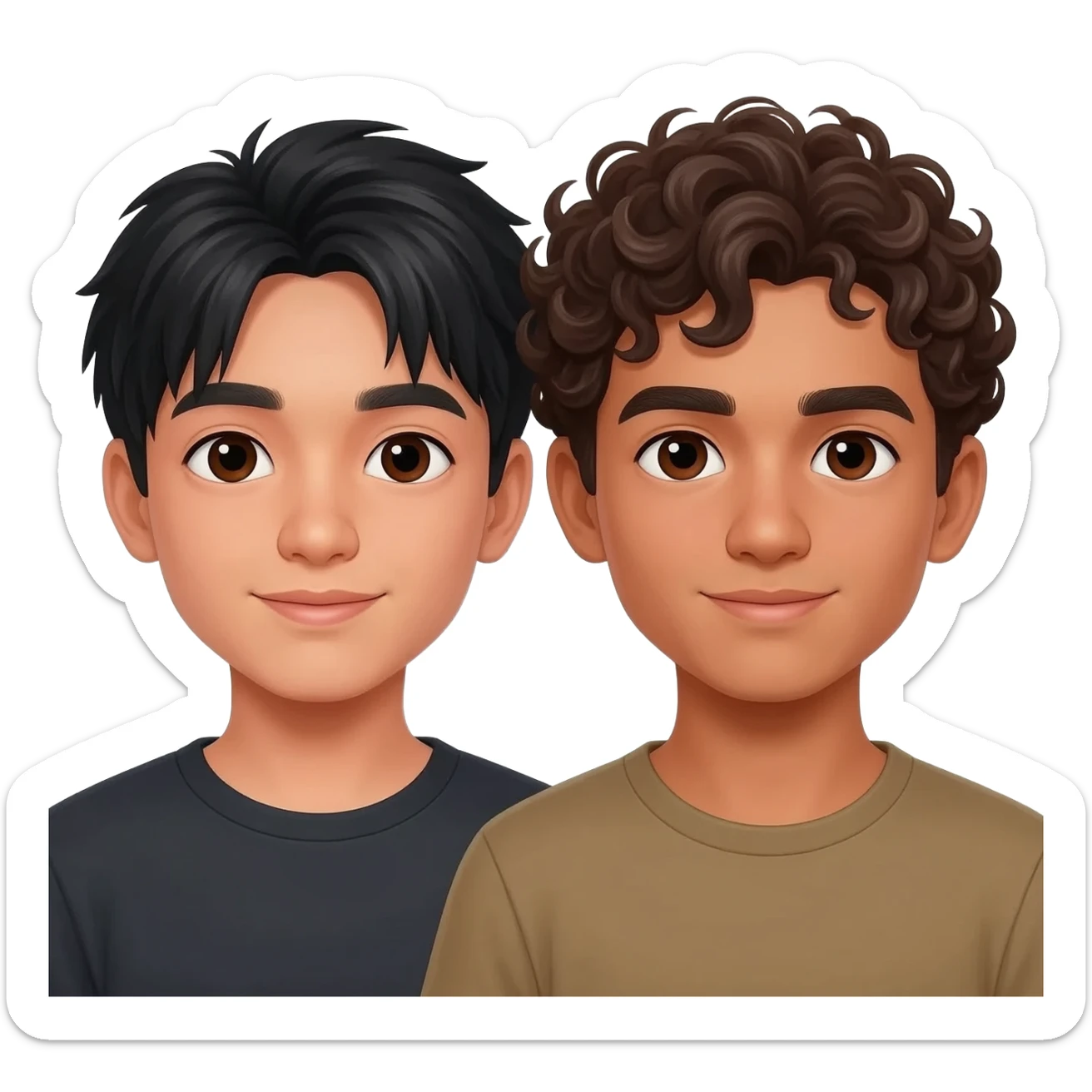 2 boys in love. One Asian a light tan with black hair and one Mexican with curly brown hair light brown tan skin. Both dark brown eyes sticker