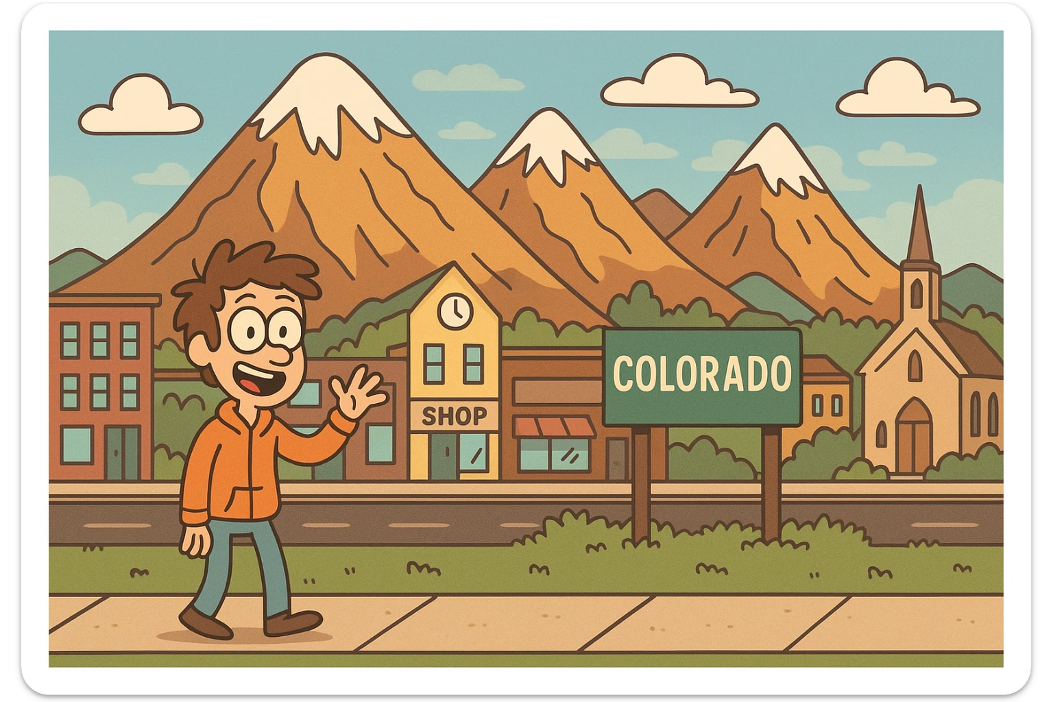 cartoon-style Colorado cityscape nestled at the base of dramatic mountains, playful and bright sticker