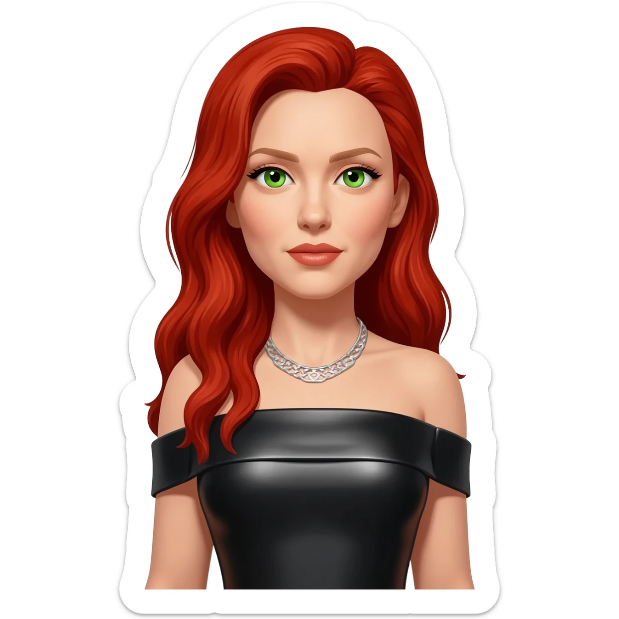 Scarlett Johansson with green eyes, long red hair, black metallic off shoulder long dress, silver necklace sticker