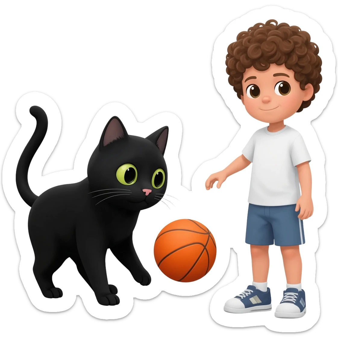 Black cat playing with orange basketball and a little white boy with curly hair sticker