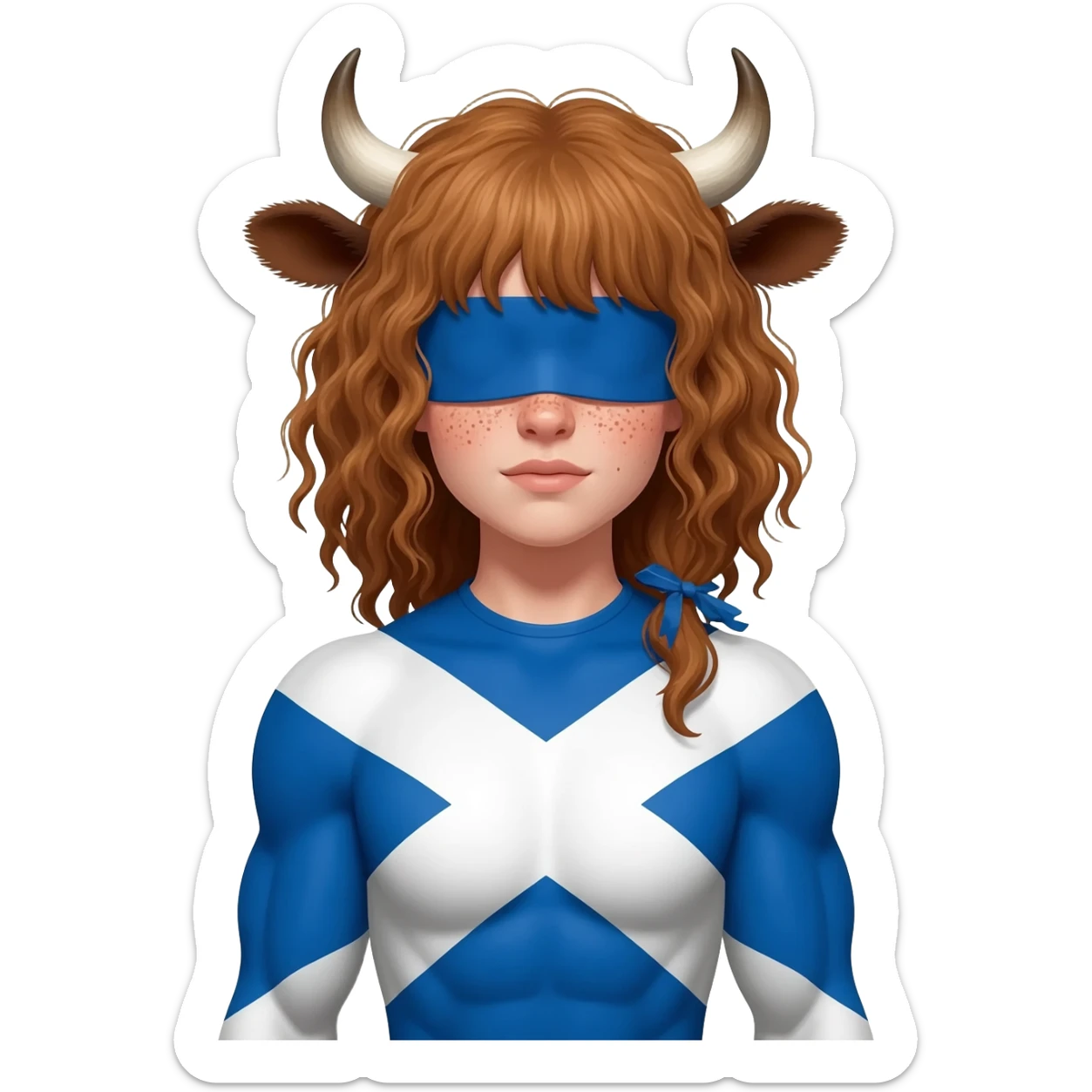 buff curly woman with freckles with messy light brown bangs covering the eyes with cow horns and cow brown ears with ribbon in her hair with body covered in Scottish flag sticker