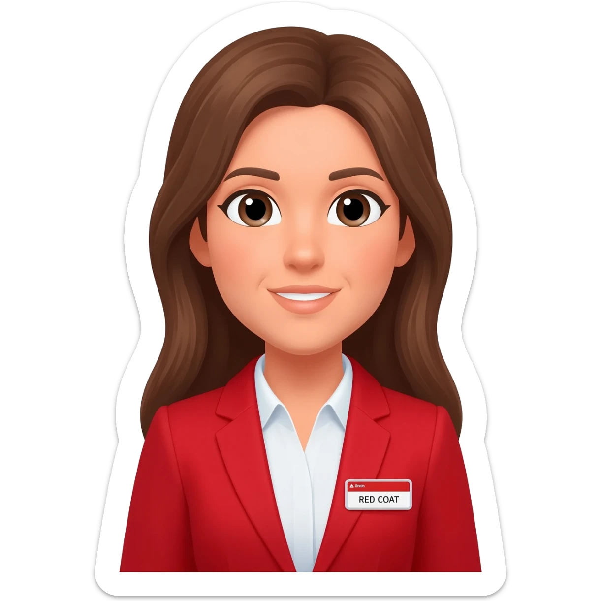 A delta Customer service agent, with a red blazer where the name tag says “RED COAT”  light skin colour and long brown hair sticker