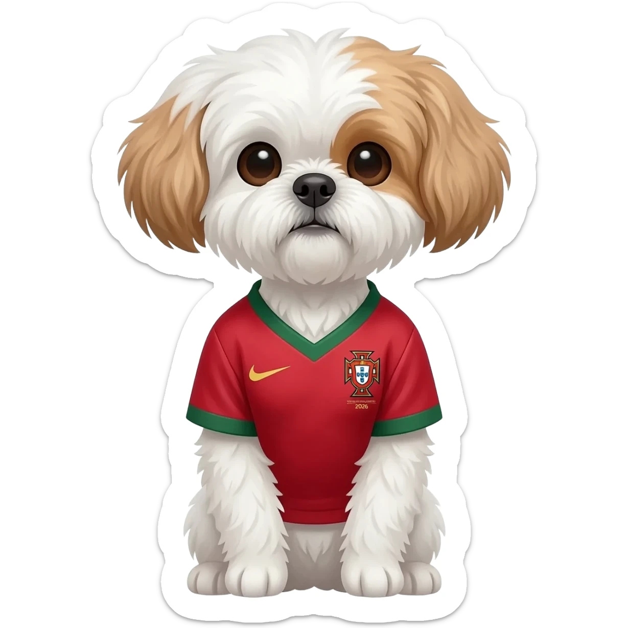 white and light brown shih zhu wearing a Portugal soccer jersey v neck 2026 work cup sticker