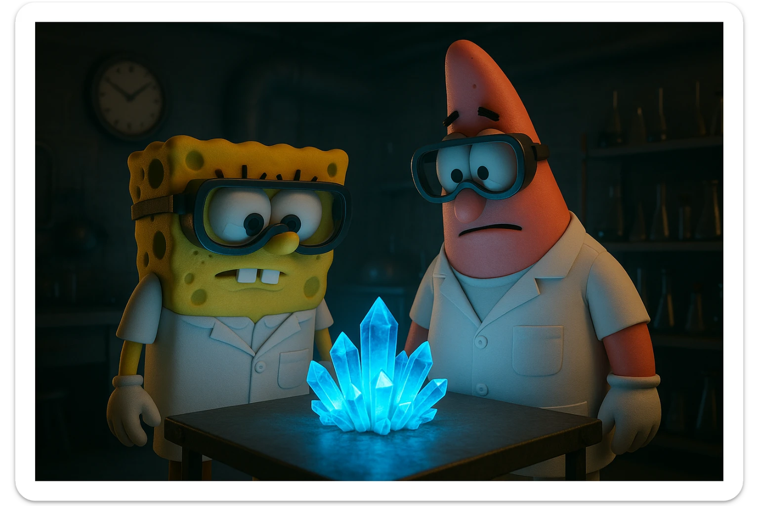 3D cienmatic cartoon shot, spongebob and patric dress in safety glasses and safe white outfit, the are standing front of table with blue crystals on table glowing (light source) science room in basement, back light, Cinema 4d render, proffesional lightning sticker