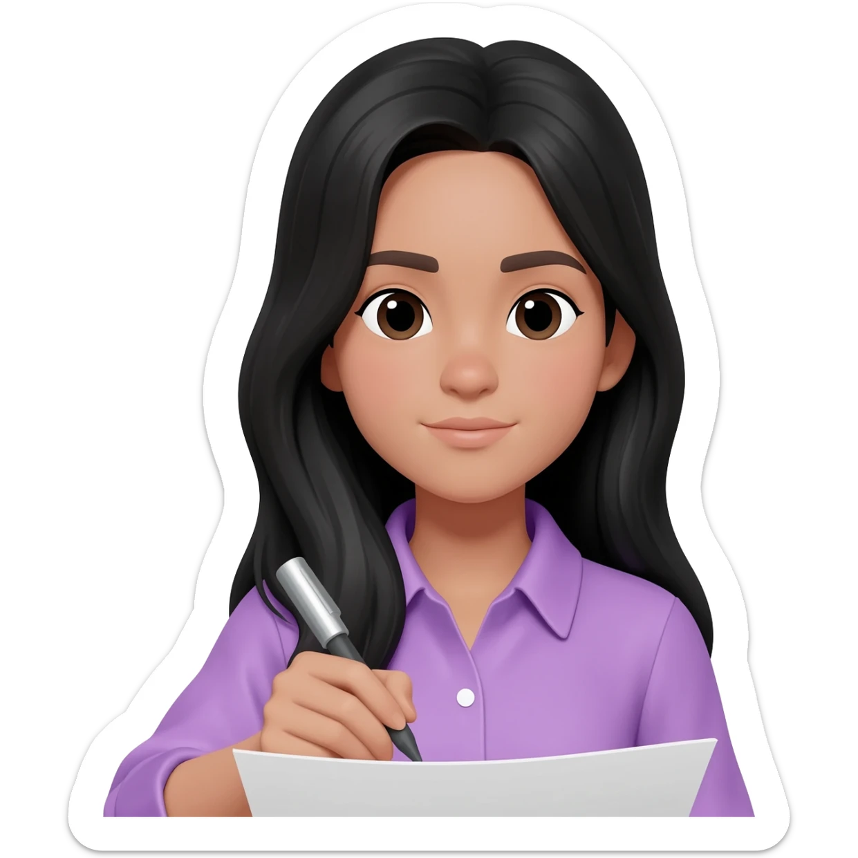 girly lilac shirt light tan , long black hair girl no bangs writing on paper sticker