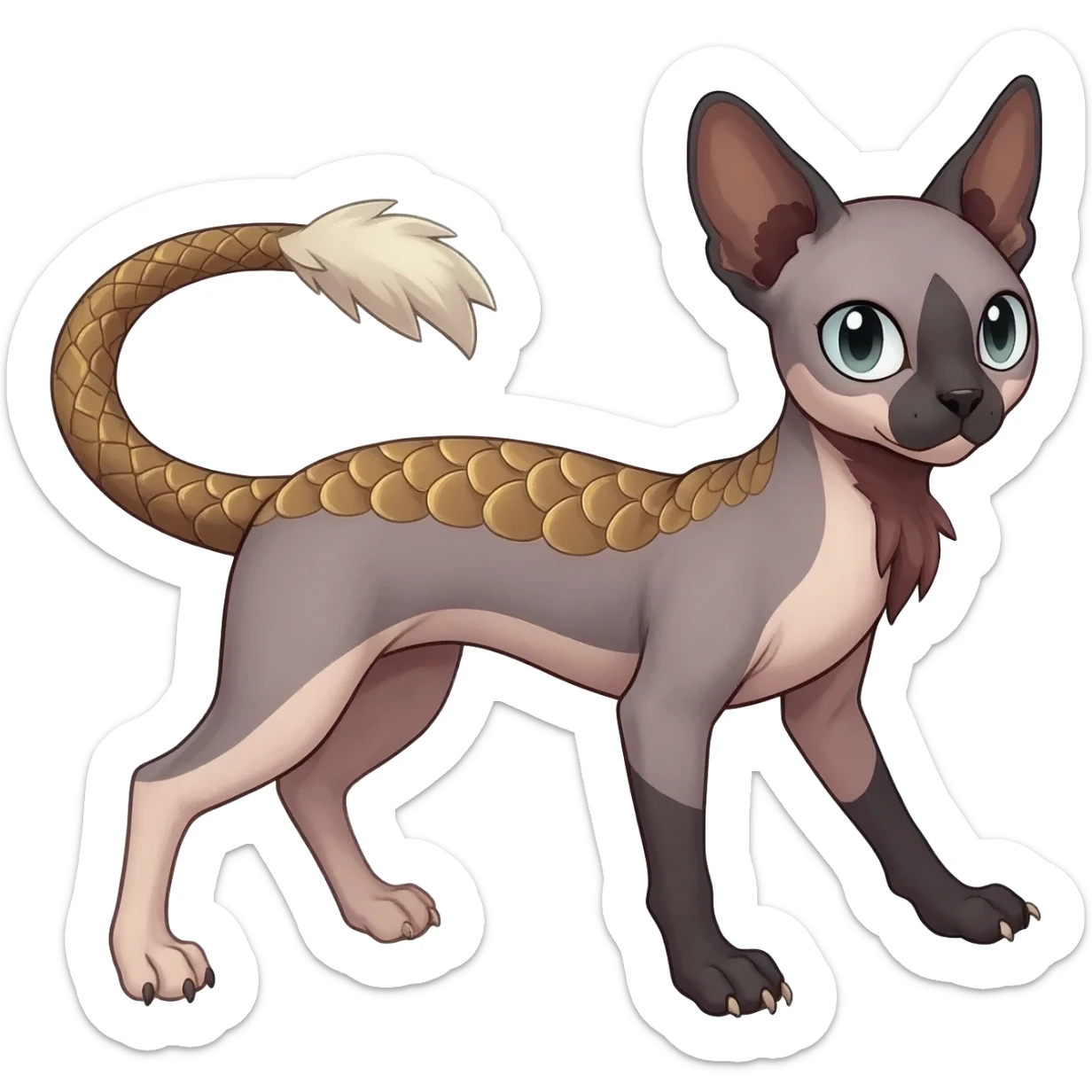 Furry, fluffy feathery scaly, Minccino-Sphynx-Lykoi-Linoone-Zangoose-fusion-hybrid-animal-Fakémon-creature, full body, thin long sleek scaly tail, intricate markings sticker