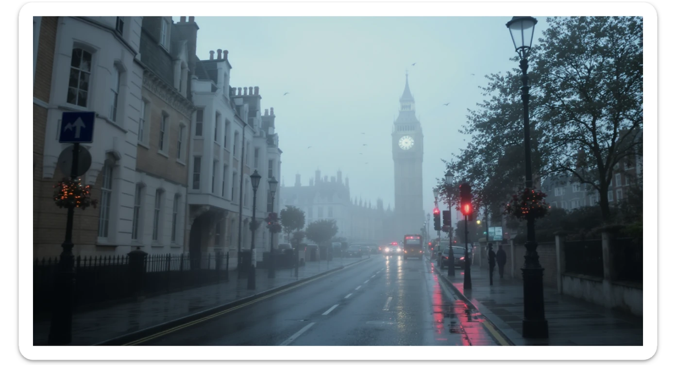 Cinematic shot of a london street, cloudy foggy day, soft light, leading lines to big ben in distance, multi composition, in foreground blurred car, on second street around UK bulding, od another plan in distance big ben, birds flying, artistic look, captured on arri alexa 35, triadal composition sticker
