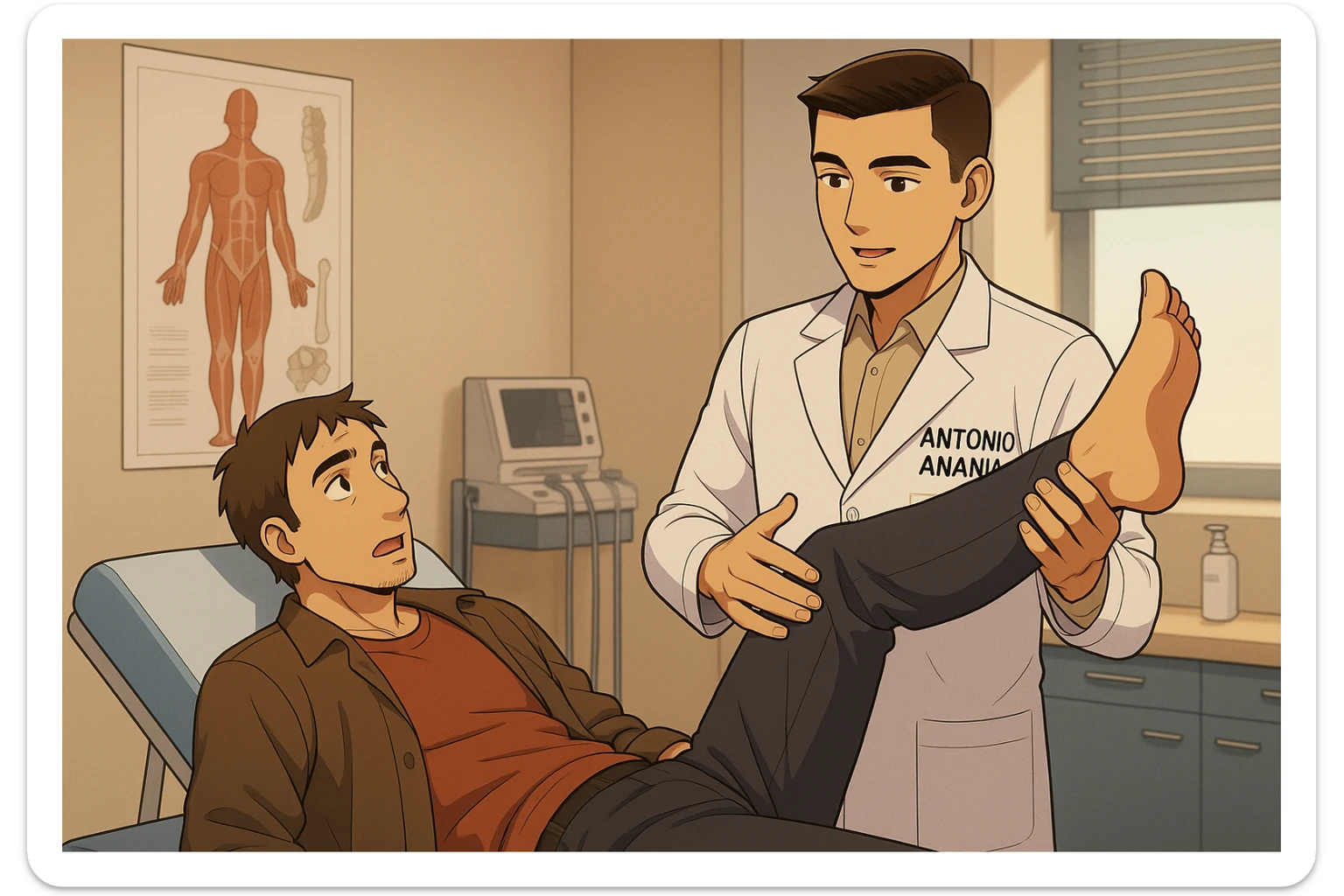 fai un webtoon manga a colori con questo stile, in cui un uomo è steso sul lettino medico e il kinesiologo con il camice bianco (fagli anche la scritta "ANTONIO ANANIA" SUL CAMICE, gli solleva una gamba per fargli il test neuromuscolare, IL KINESIOLOGO SPIEGA ALL'UOMO UNA cosa mentre gli alza la gamba. non fare i fumetti però, fai solo in modo che sembri stiano parlando sticker