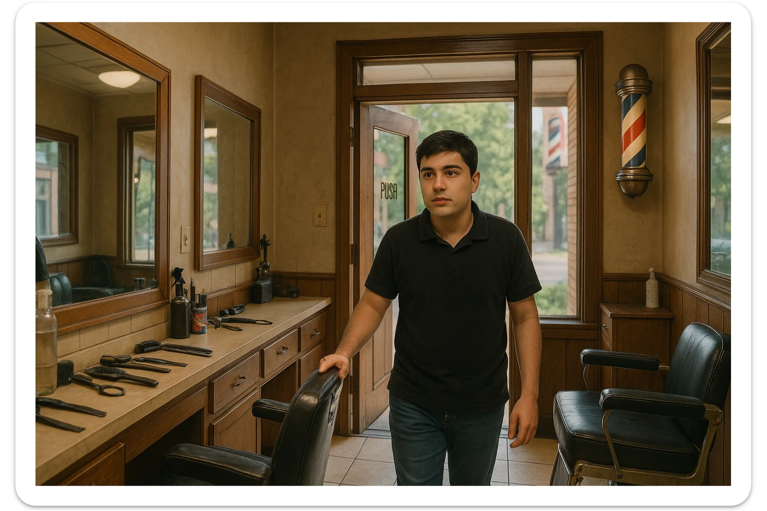 Shu odamni sartaroshxonaga kirib kelayapti  o'smirin davri rakurs ichkaridan sartaroshxona eski ham yangi ham emas sticker