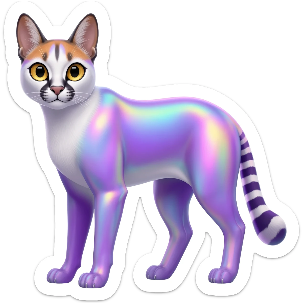Colorful dark tropical pastel-lilac-lavender-violet iridescent pastel white glorious divine exotic cute cool beautiful shiny beautiful fantasy-caracal-civet-genet-sergal-vernid-Cacomistle-oncilla-animal-Fakémon-hybrid-fursona (full body) sticker