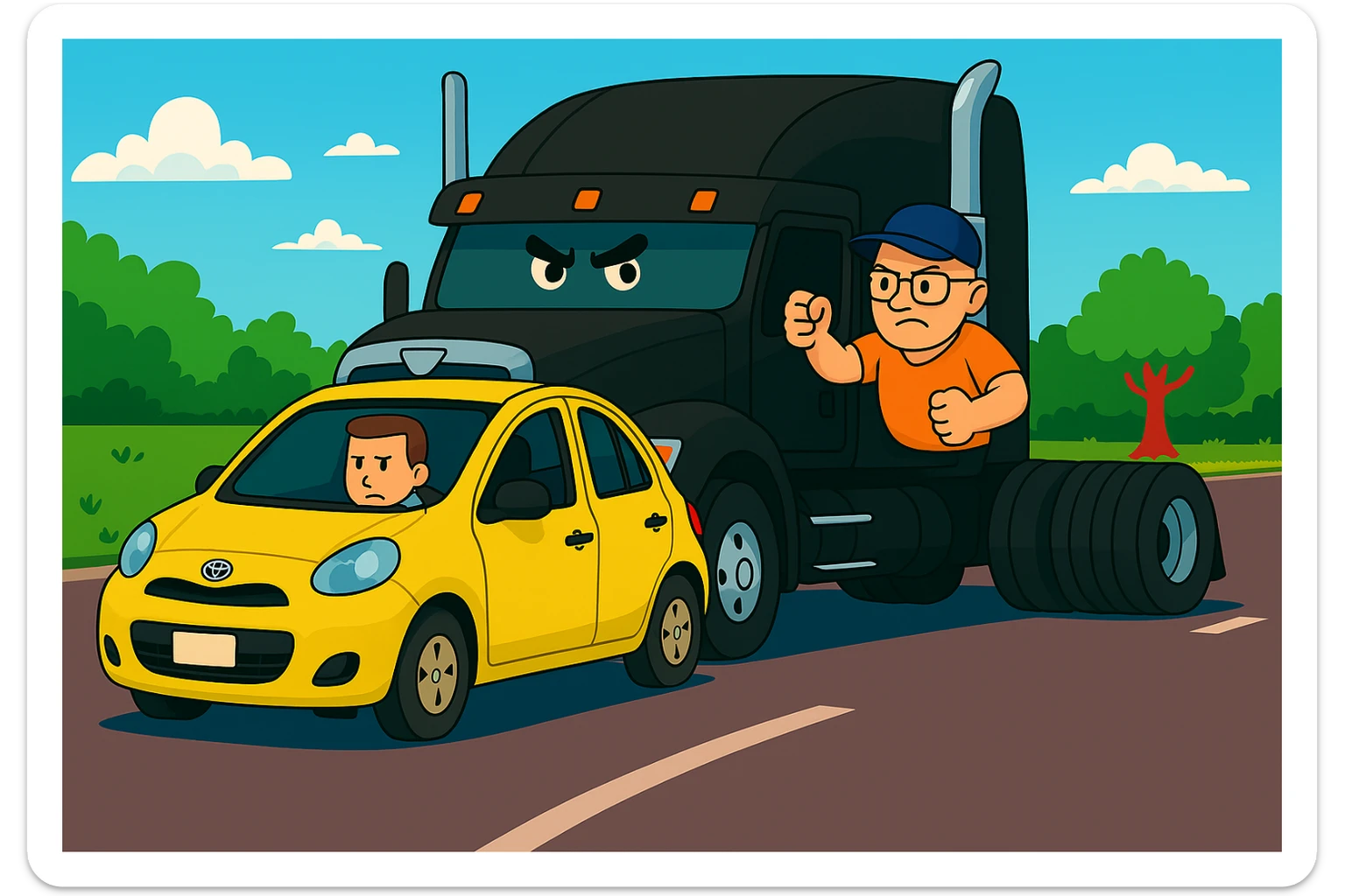 Add a baseball cap to the angry, bald truck driver with glasses and orange shirt, arm out the window. Keep the scene bright and vibrant, with a person in the car in front. sticker