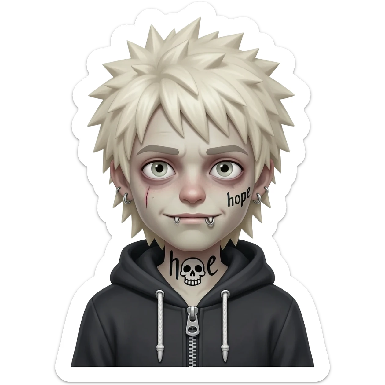 boy zombie japan spiky long platinum gold hair, hoodie zip is vignette skull wear piercings tatto "hope" sticker