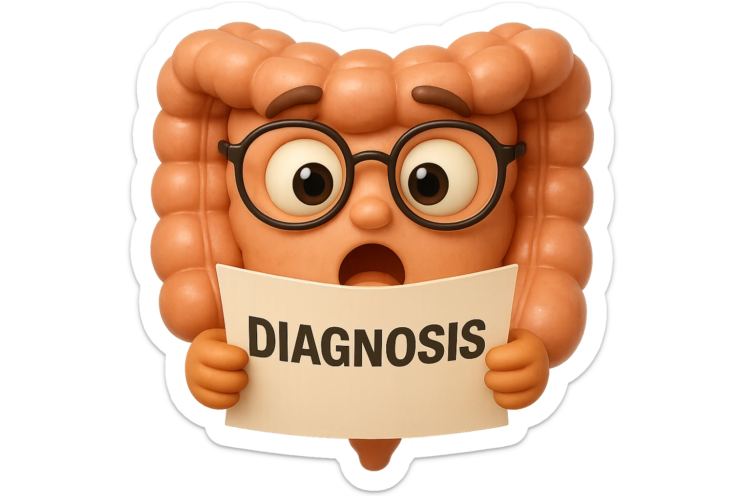 EMOJI STILE IPHONE DI UN INTESTINO CON GLI OCCHIALI CHE LEGGE UN FOGLIO CON LA SCRITTA DIAGNOSI, ESPRESSIONE STUPITA IN VOLTO, IPERREALISTICO 4K sticker