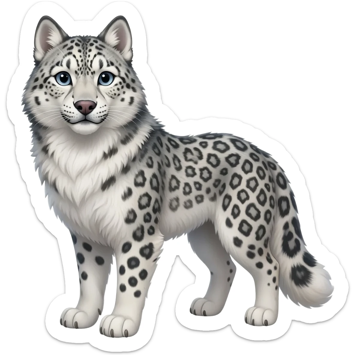 Realistic lanky natural feral beautiful pretty "Schnolf"-"TaniDaReal"-Husky-Snow-leopard-wolf-hybrid-fusion-animal-creature, full body, with whiskers, thick long fluffy puffy limp feline tail sticker
