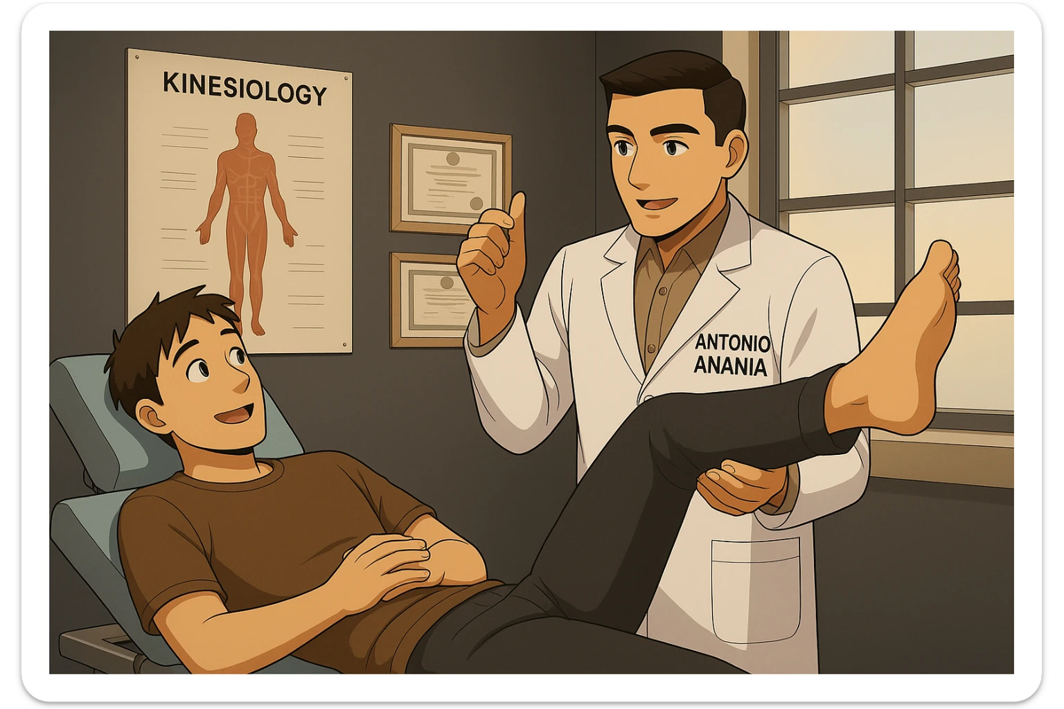su questo lettino rappresenta un webtoon manga a colori con questo stile, in cui un uomo è steso sul lettino medico e il kinesiologo con il camice bianco (fagli anche la scritta "ANTONIO ANANIA" SUL CAMICE, gli solleva una gamba per fargli il test neuromuscolare, IL KINESIOLOGO SPIEGA ALL'UOMO UNA cosa mentre gli alza la gamba. l'espressione dell'uomo è felice e soddisfatta, non fare i fumetti però, fai solo in modo che sembri stiano parlando sticker