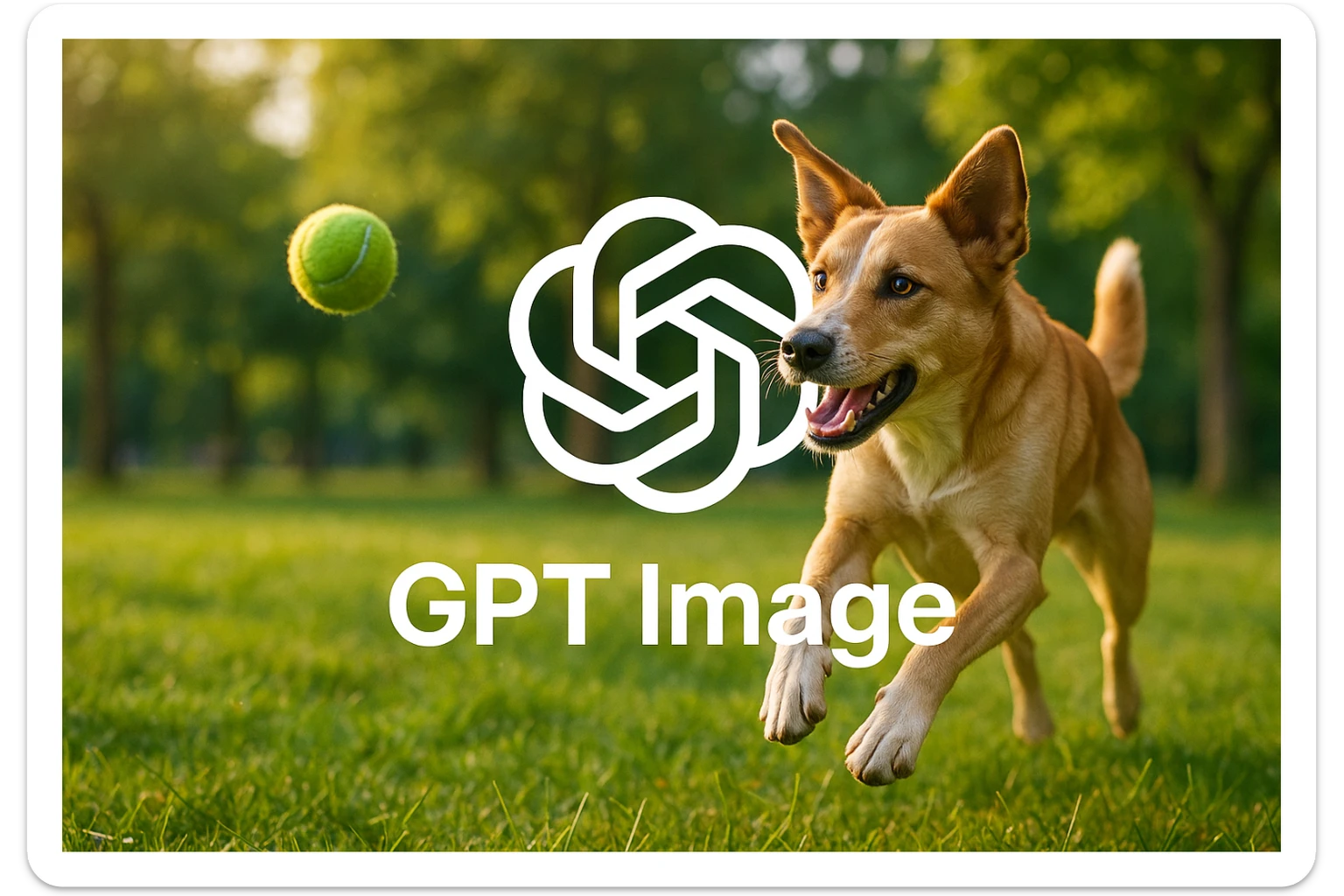 logo of chat gpt with text "GPT Image" on the background of a dog chasing ball, realistic image sticker