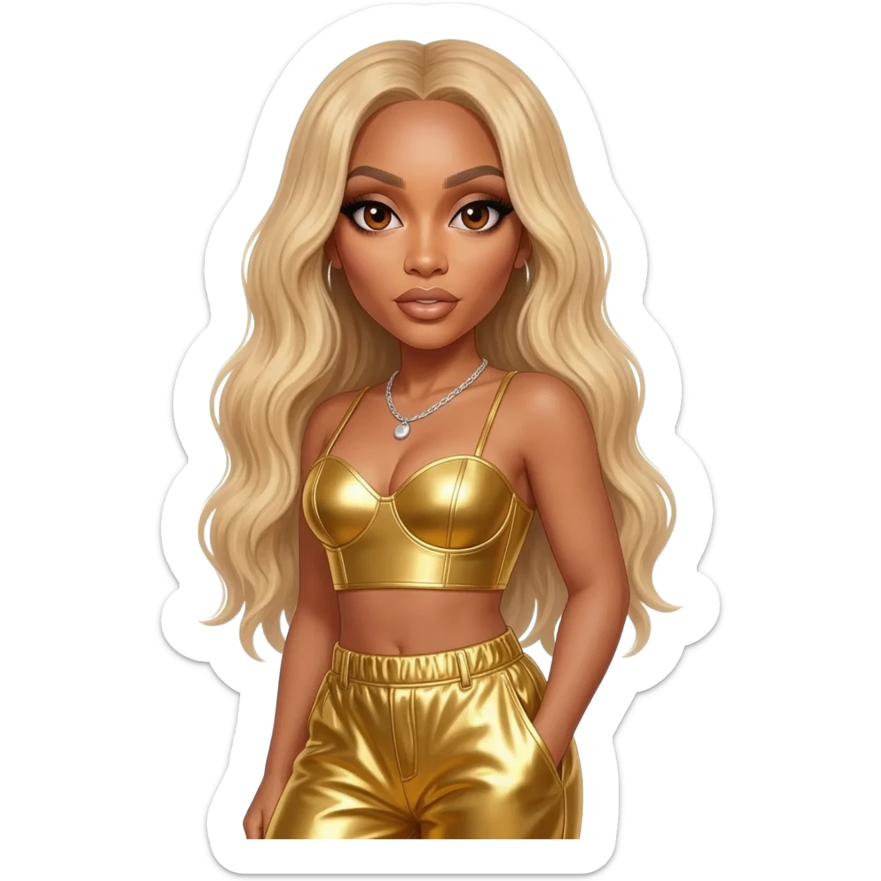 Beyonce with brown eyes, long golden blonde hair, gold metallic sweetheart crop top, gold metallic baggy pants, silver necklace sticker