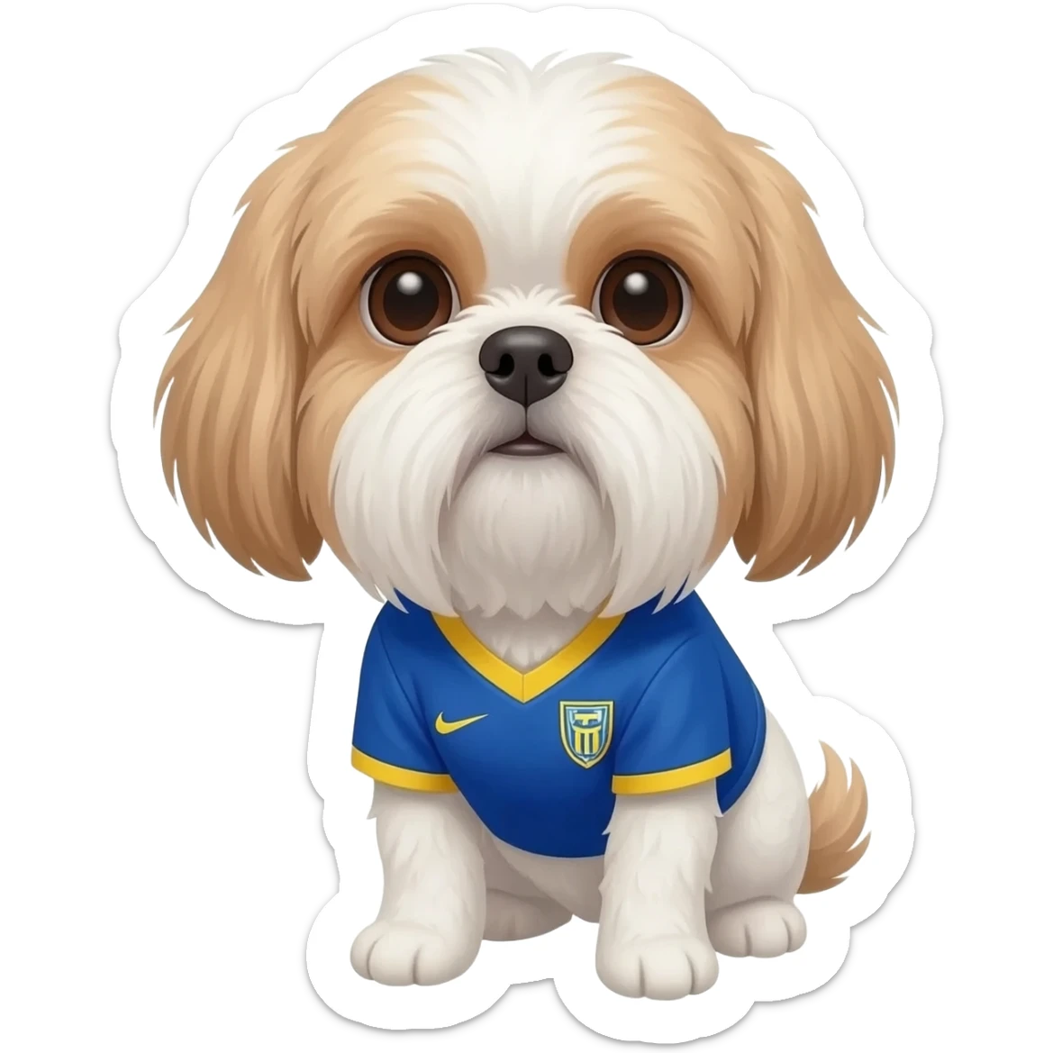 white and light brown shih zhu wearing a Curacao soccer jersey v neck 2026 work cup sticker