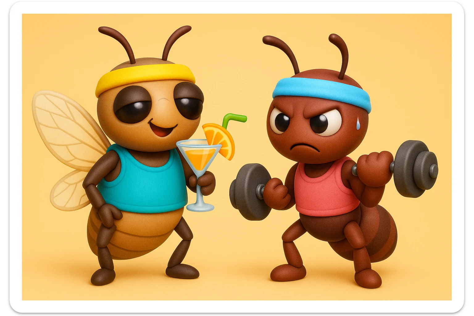 EMOJI STILE IPHONE 3D DI UNA CICALA E UNA FORMICA IN ABITI FITNESS, LA CICALA HA IN MANO UN COCKTAIL MENTRE LA FORMICA HA IN MANO UN MANUBRIO DA PALESTRA. L'IMMAGINE RAPPRESENTA IL FATTO CHE LA FORMICA VOGLIA IMPEGNARSI REALMENTE PER CAMBIARE IL SUO FISICO MENTRE LA CICALA SI VUOLE DIVERTIRE E NON CONCLUDE NULLA ALLA FINE sticker