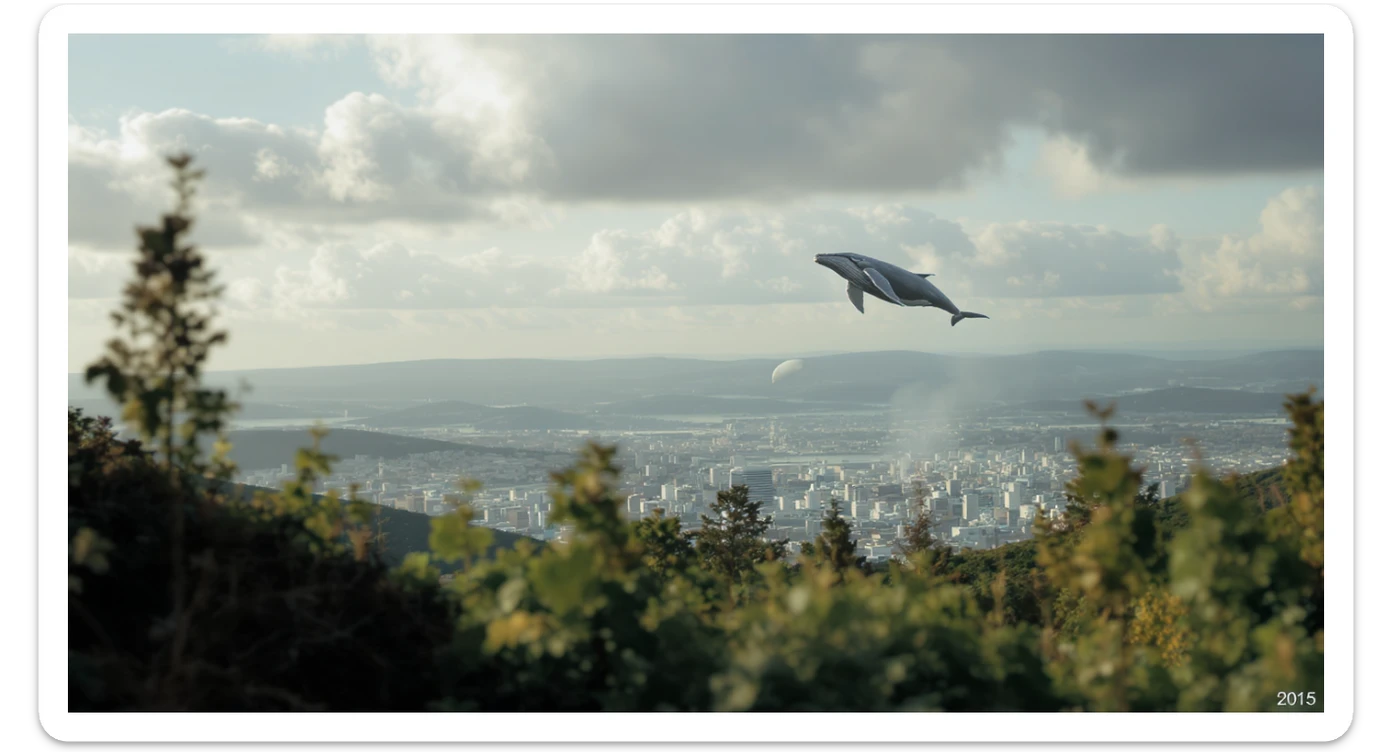 A cinemaatic still of a city, blurred plants in the foreground, whales fly above city sky, rolling hills in the background, cinematic depth of field, layered composition, natural lighting sticker