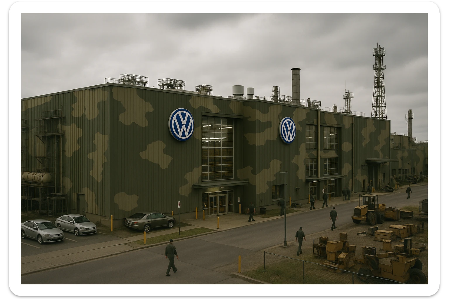 Realistic Volkswagen factory exterior, large industrial building with Volkswagen logo, parking lots filled with cars, factory grounds with machinery and equipment, realistic lighting and shadows, industrial atmosphere, workers in uniforms walking around, camouflage colors, focus on the factory building in camouflage colors sticker