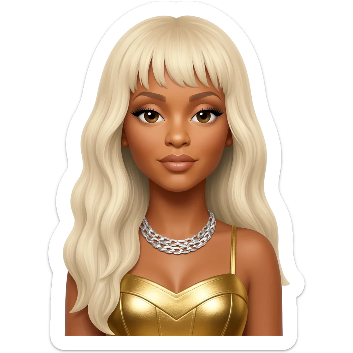 Beyonce from Destiny's Child with long platinum blonde hair, gold metallic dress, silver necklace sticker