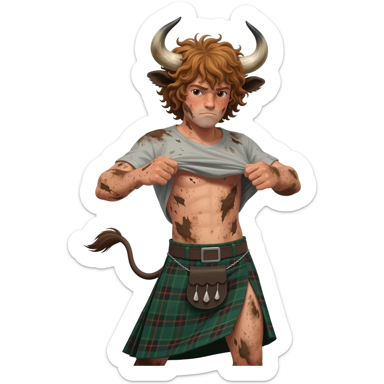 buff curly hairy man covered in dirt with freckles with messy light brown bangs that covers his face completely with bull horns and bull ears and bull tail dressed in kilt rips his T-shirt apart with wind in his hair sticker