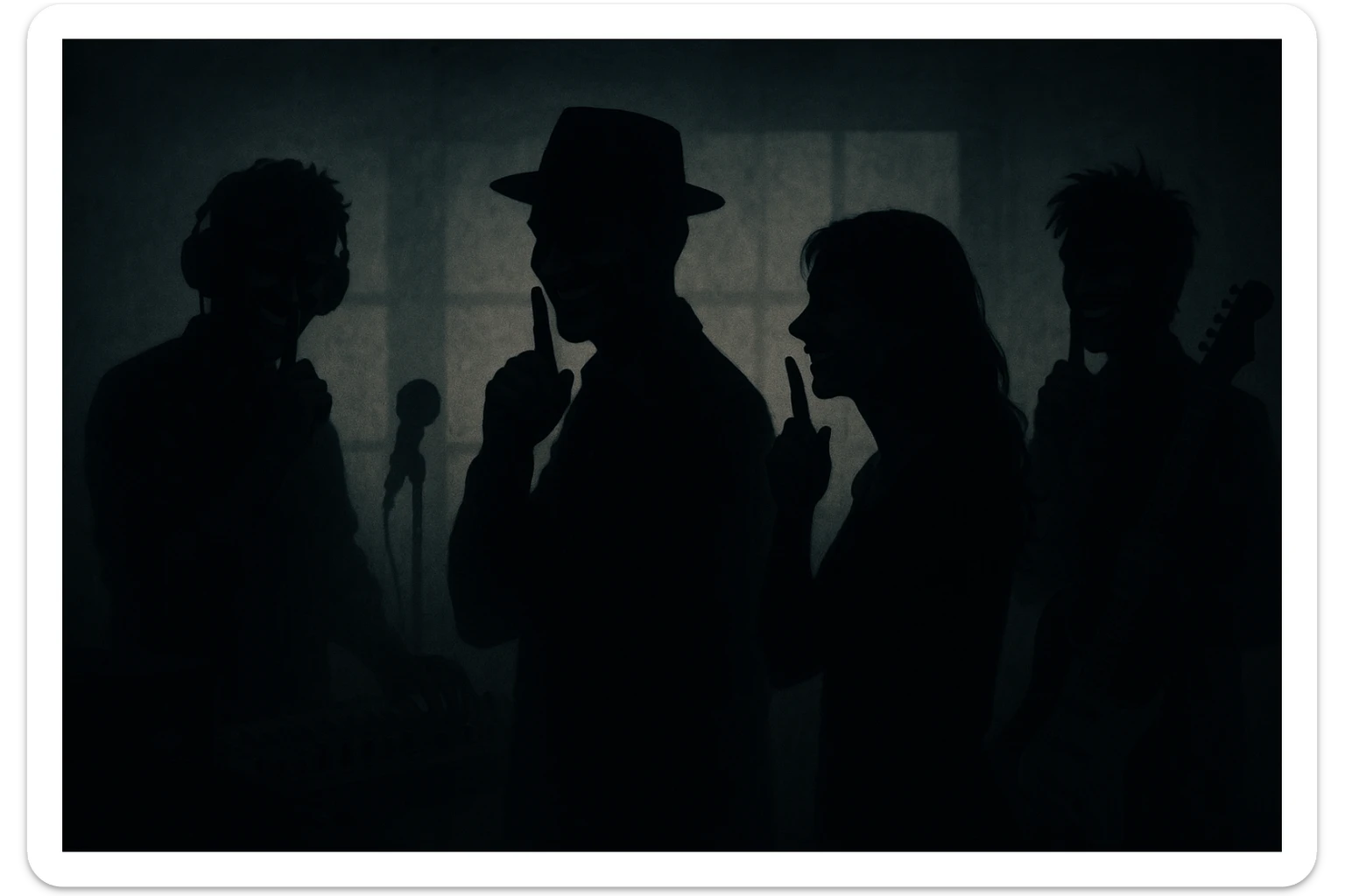 Siluetas y figuras de personas que trabajan en la industria musical, en las sombras, vistas desde lejos, con sonrisas burlonas y aire de superioridad, haciendo una señal con el dedo para pedir que otros hagan silencio o de estar guardando un secreto sticker