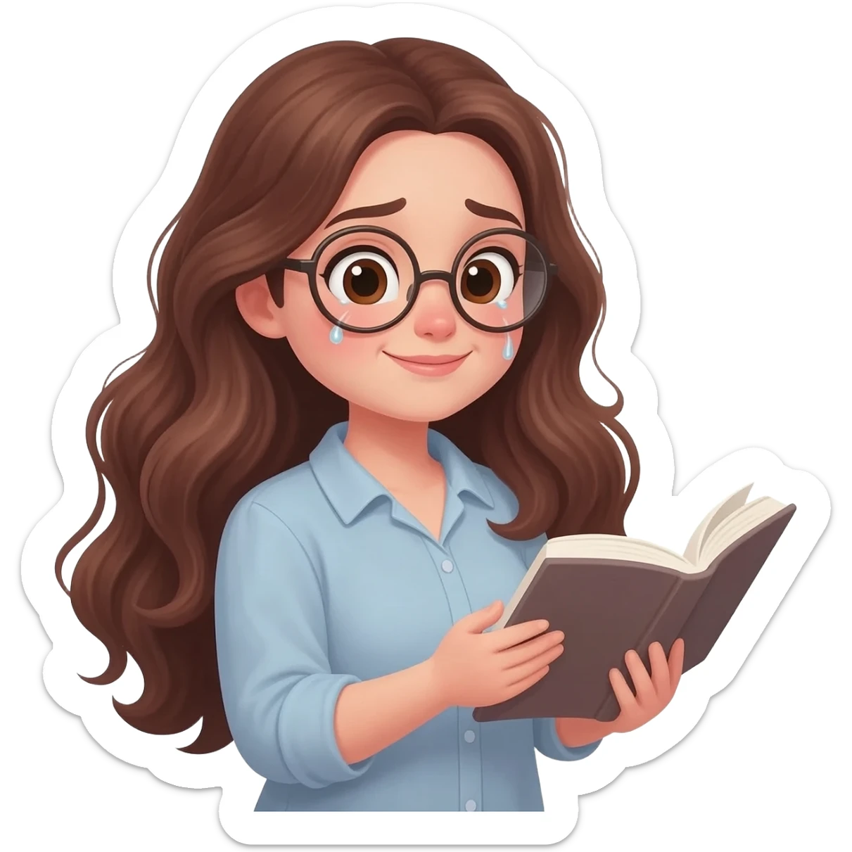 detailed emoji illustration of a curvy woman with long chestnut brown wavy hair, light brown eyes and round glasses reading a book with an emotional expression, touched by the story, emoji style sticker