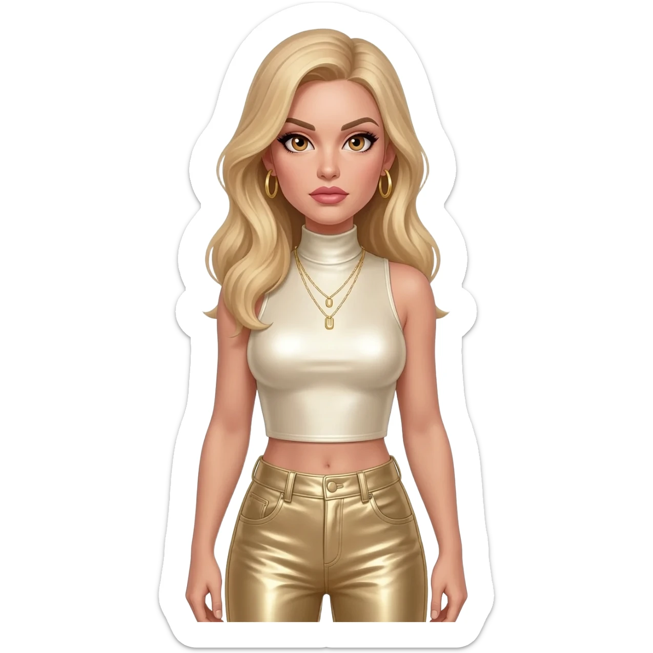 Honey Ryder from James Bond with hazel eyes, long blonde hair, ivory metallic turtleneck crop top, ivory metallic hipster panty, gold necklace, earrings sticker