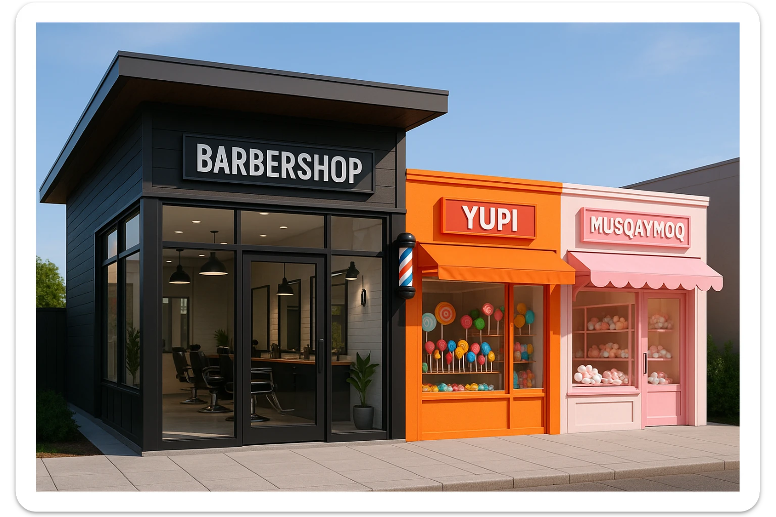 brohouse sartarosh xonasini chizib ber tashqaridan va uning yonida yupi va musqaymoq sotadigan lavkalar bulsin va sartarosh xona sal zamonaviyroq bulsin sticker