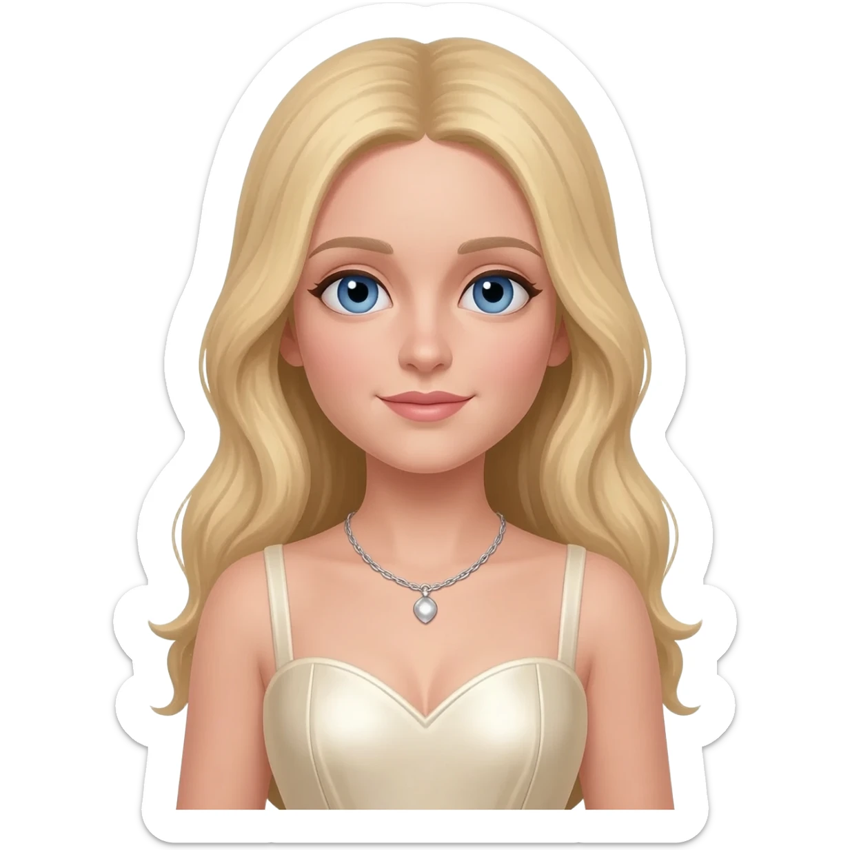 Madonna with blue eyes, long blonde hair, ivory metallic sweetheart dress, silver necklace sticker