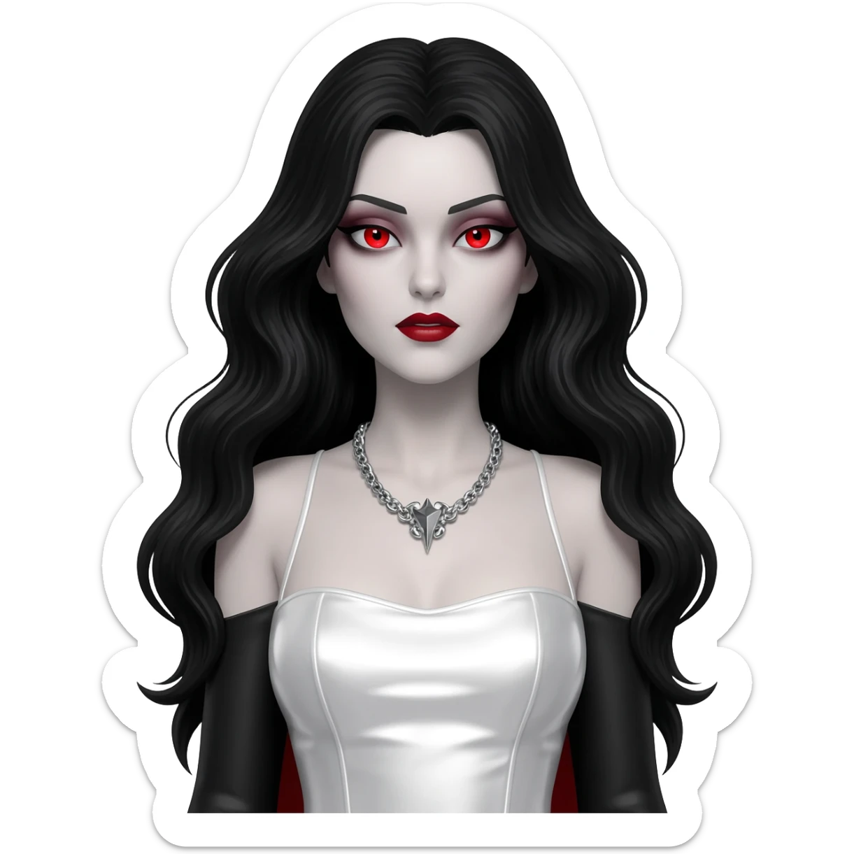 Countess Dracula with red eyes, long black hair, white metallic long dress, silver necklace sticker