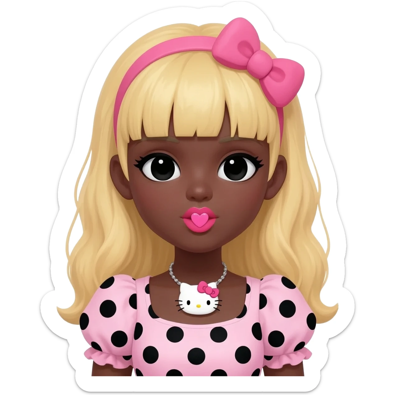 Doll faced shaped, hello kitty necklace, heart shaped cute lips bimbo, black doll eyes, Big lips barbie, dark brown skin with blonde hair, bimbocore outfit light pink and black polkadots sticker