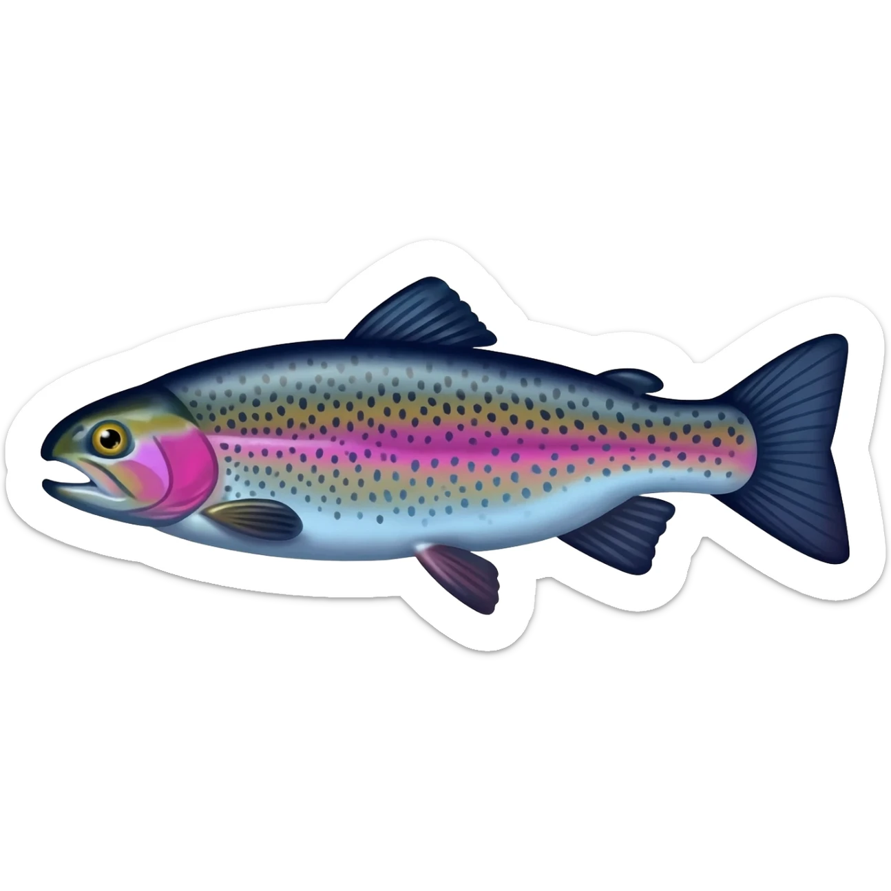 whole rainbow trout fish with spots facing left bright purple blue green yellow white sticker