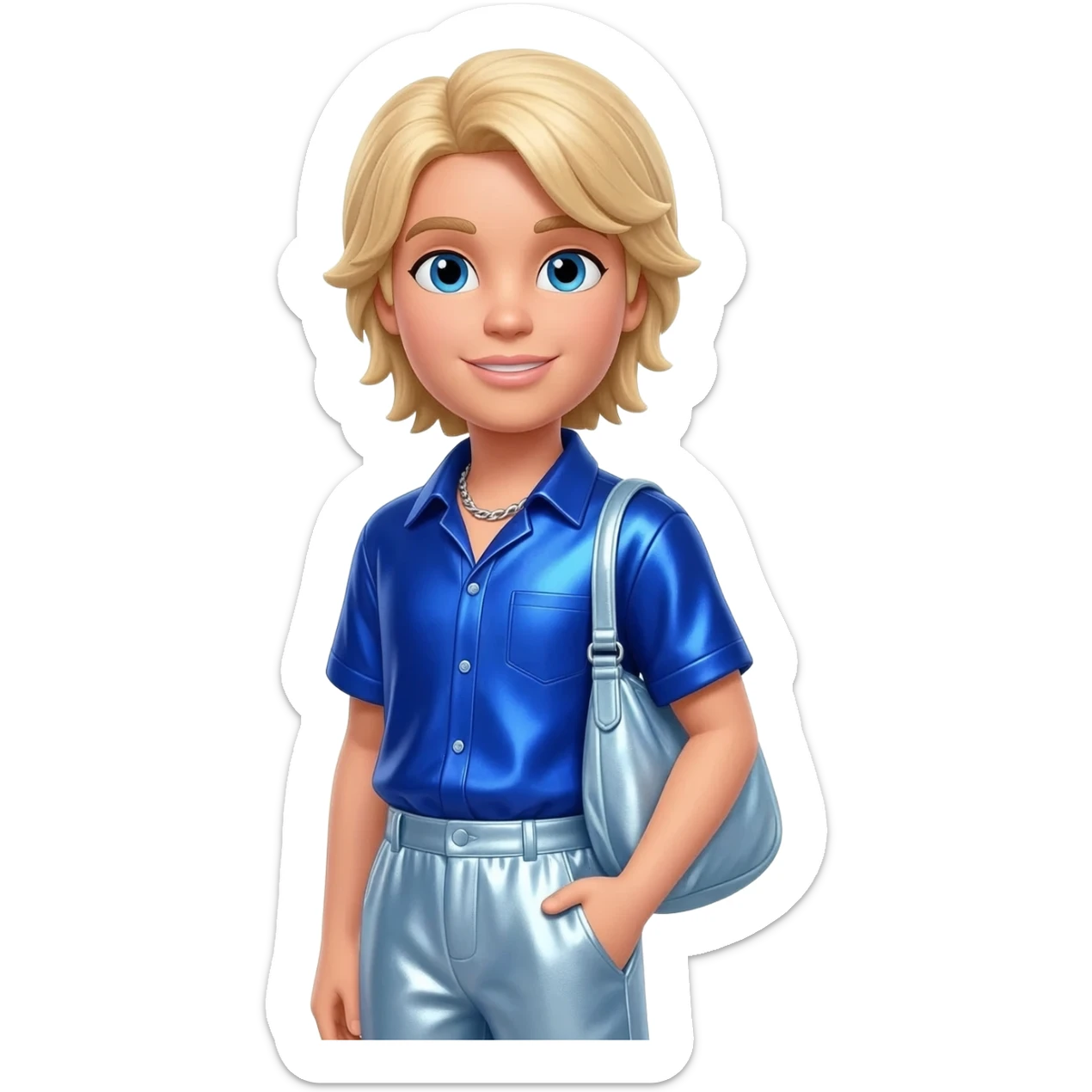 Ken from Barbie and Friends with blue eyes, blonde hair, cobalt blue metallic shirt, light steel blue metallic baggy pants, silver necklace sticker