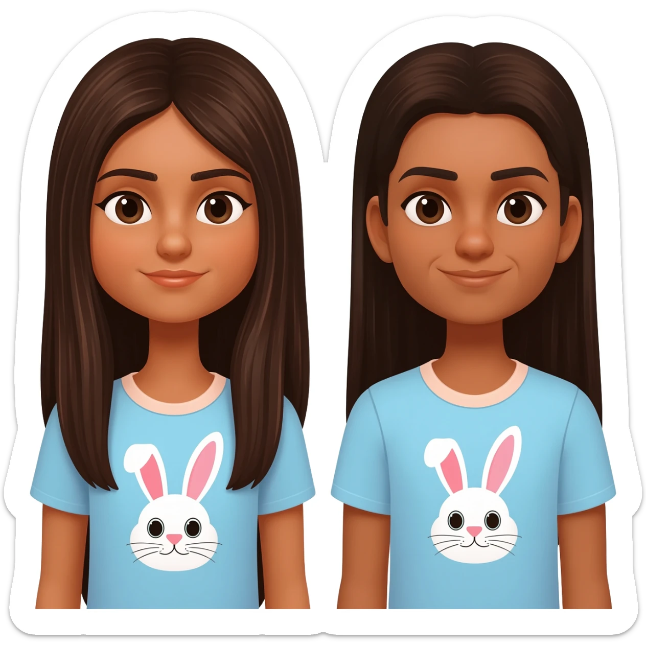 two identical friends with the emoji style. Both have matching bunny shirts and have PIN STRAIGHT HAIR One has super long dark brown hair that goes to waist, one has long hair that is also dark brown. They both have Indian skin sticker