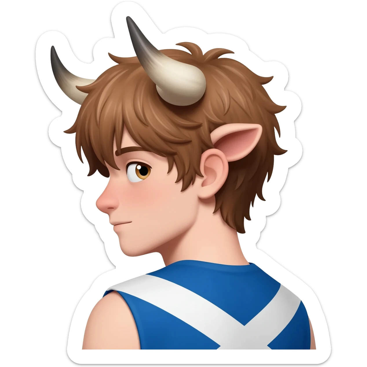 curly femboy with messy light brown bangs covering the eyes with bull horns and bull ears with scottish flag on his shoulders side view sticker
