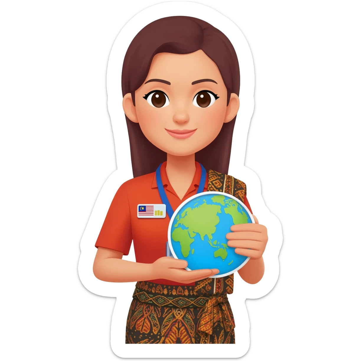 Female Malaysian Tourist Guide with Badge, Batik Cloth & hold Small World Map sticker
