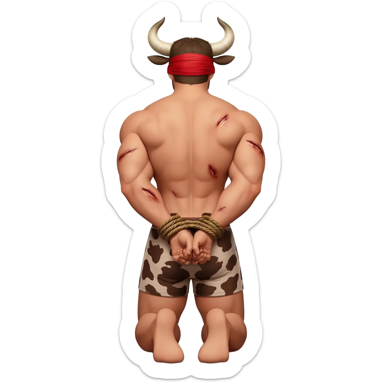 handsome extra large muscular man covered with scars with large breasts with bull horns and cow ears and bull tail with red blindfold dressed in thongs with brown cow print sits on his knees with hands tied behind the bback back view sticker