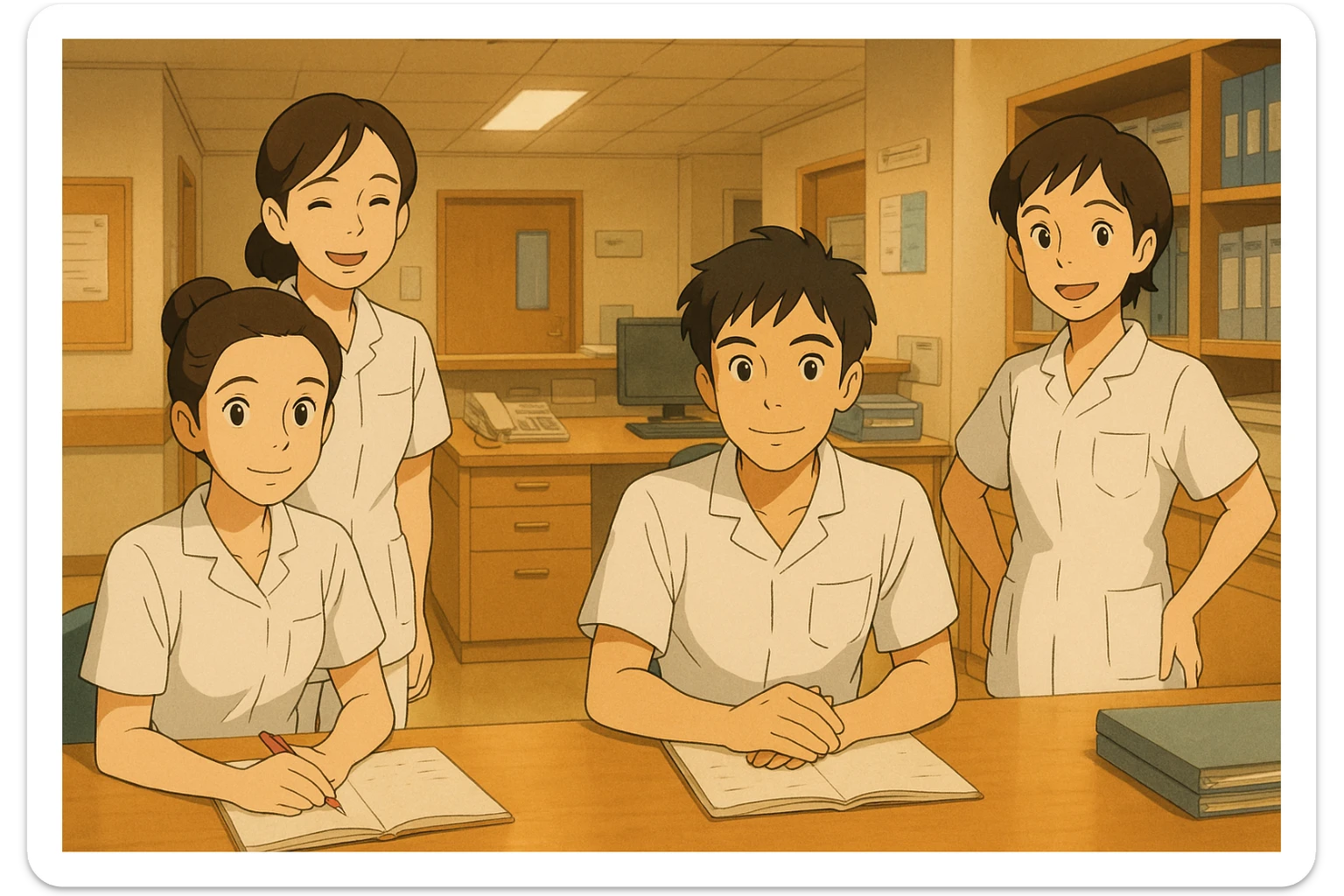 Four nursing students inspired by new photos, in a care station, Ghibli style, white short-sleeve medical tunics with V-neck and left chest pocket, no stethoscopes, no clothing under sleeves, warm and professional atmosphere. sticker