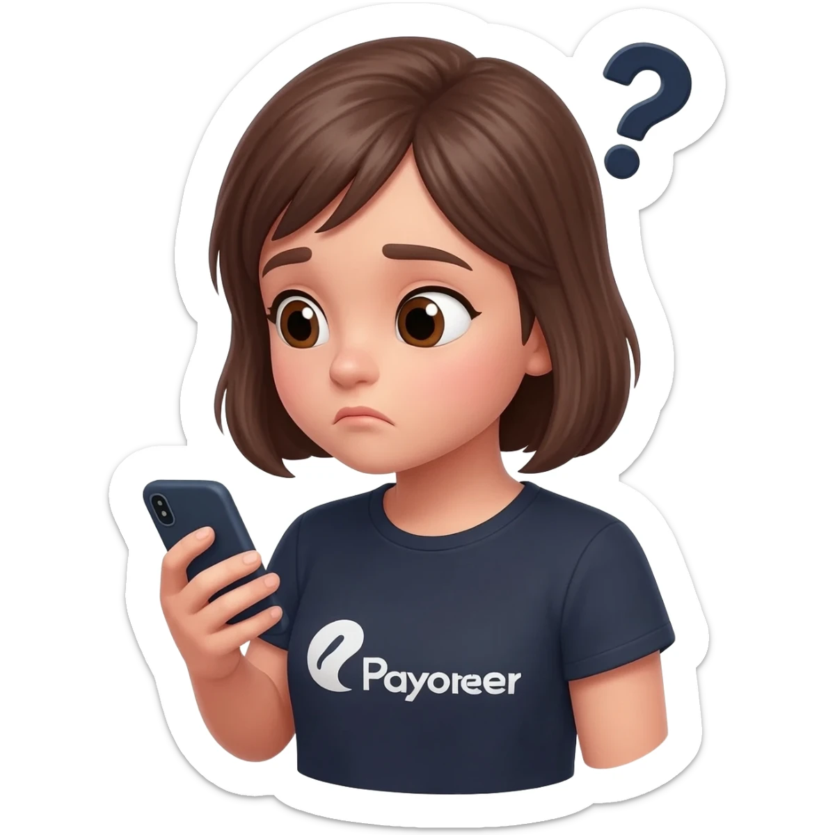 Girl looking at her phone with wondering face and a question mark wearing dark tshirt with payoneerwritten on it sticker