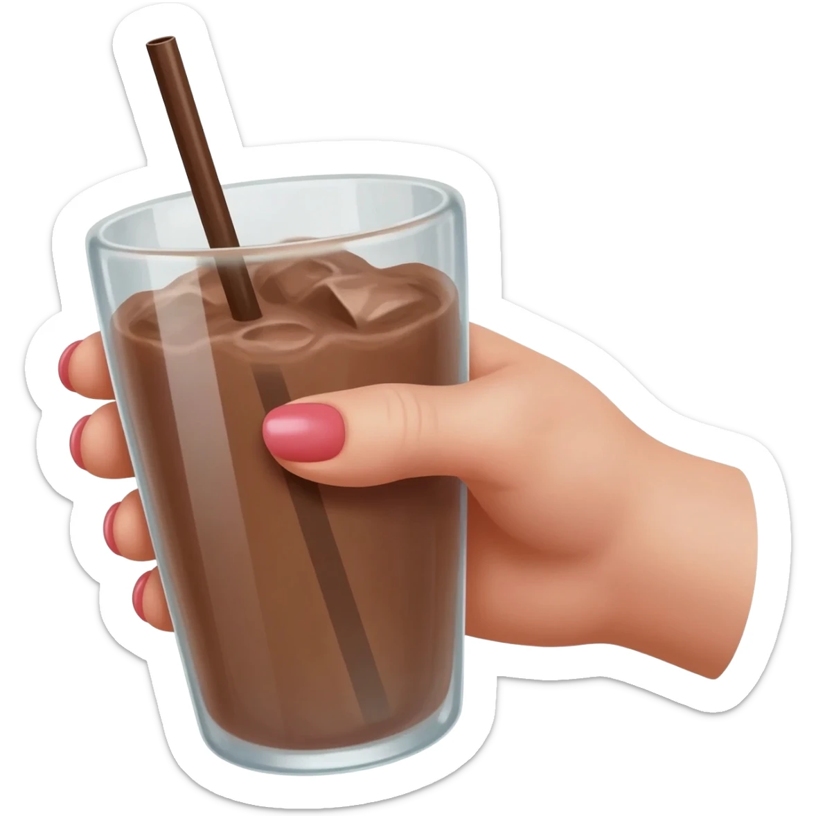 chocolat froid dans un grand verre avec une paille tenue par le bout d'une jolie main de femme avec une belle manucure Style Pinterest ultra réaliste Avec une bordure blanche IOS sticker