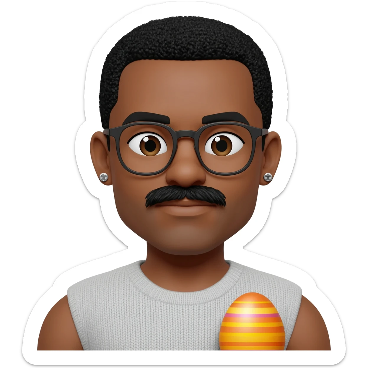 Black man with glasses, mustache,  stud earrings, and an Easter egg sticker