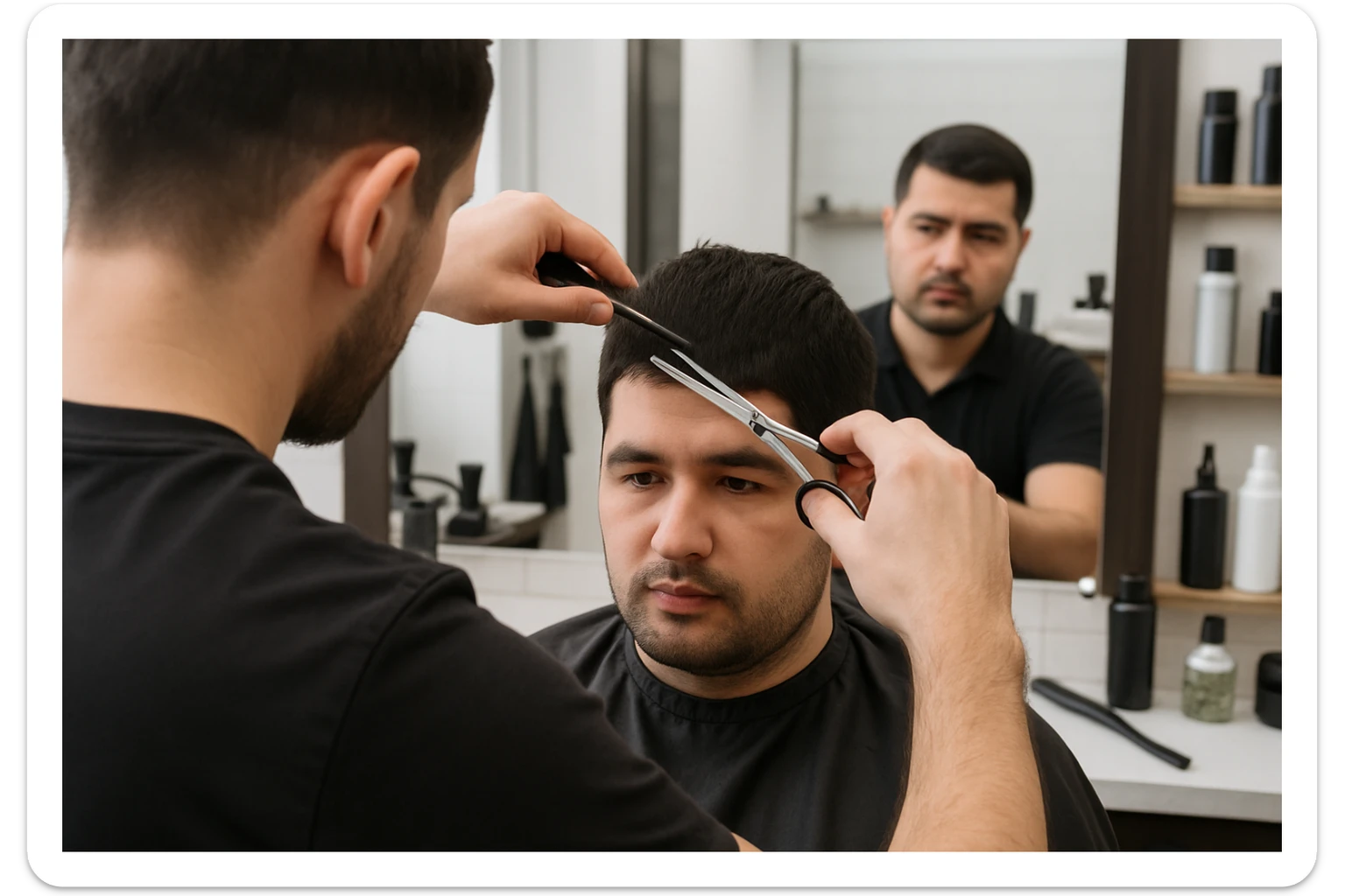 yuzi ko'rinmasin sartaroshxonada ishlayotganini tasvirlab ber mijozlarni sochini olayotganini sticker