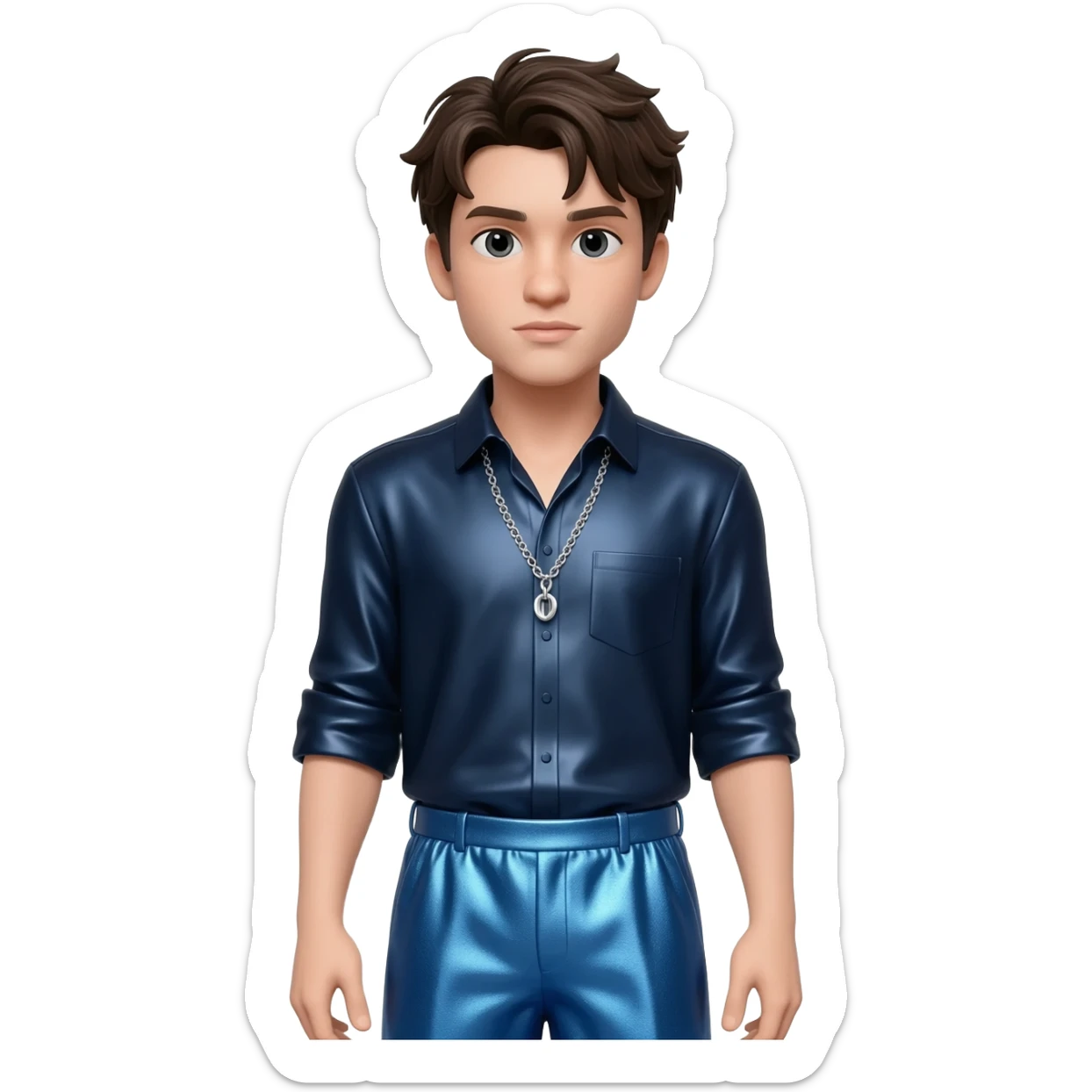 Jonathan Bailey with dark brown hair, dark blue metallic shirt, blue metallic baggy pants, silver necklace sticker