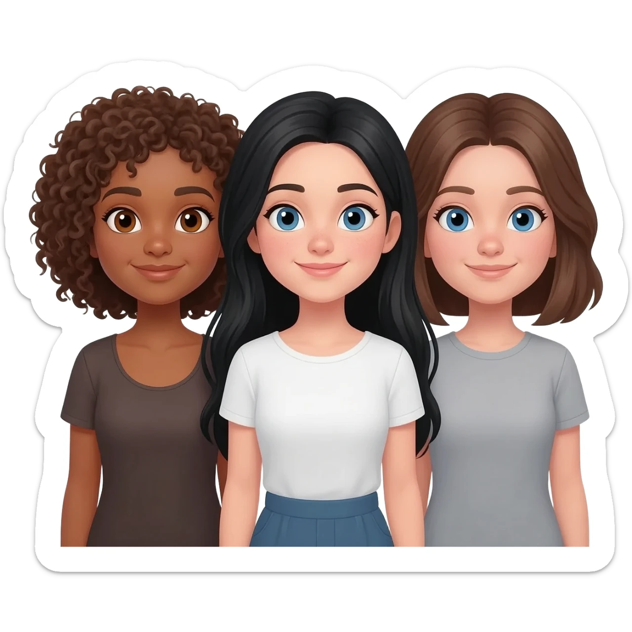Trio girl best friends one girl with tan skin, brown eyes, and curly brown hair, and one girl with long black hair, blue eyes, and white skin, and one with medium length brown hair, blue eyes, and white skin. sticker