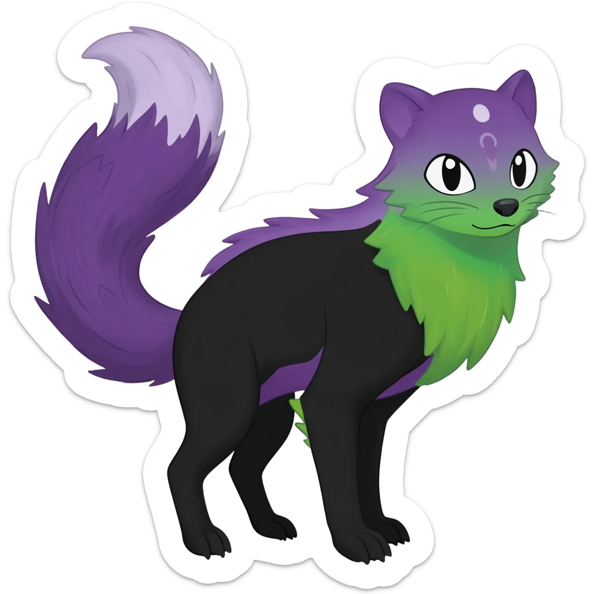 Black-purple-green-gradients Trico-Sergal-Furret-Ferret-Wolverine-Vernid-fusion-Fakemon-animal-hybrid-creature, full body sticker