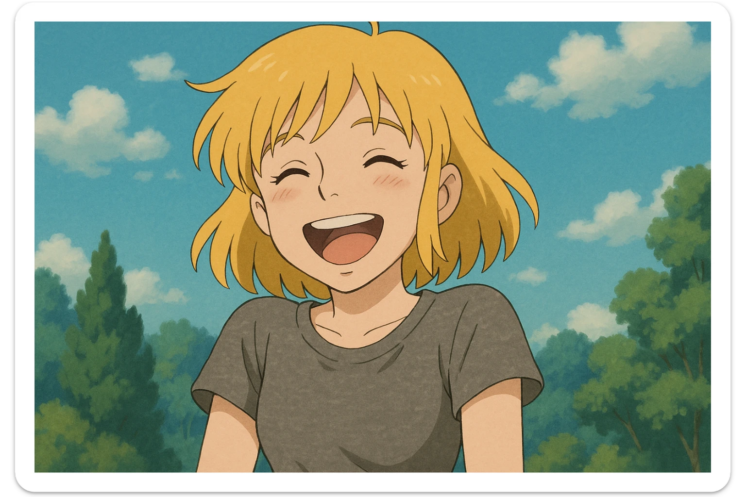 A girl yellow hair brown eyes grey Women's just t's short triblend t-shirt laughing sticker